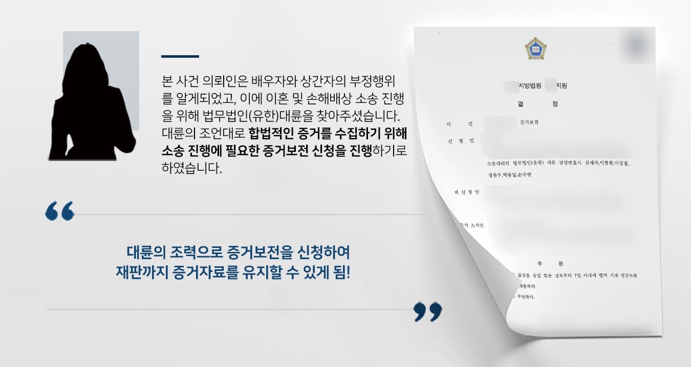 본 사건 의뢰인은 배우자와 상간자의 부정행위 를 알게되었고, 이에 이혼 및 손해배상 소송 진행 을 위해 법무법인(유한)대륜을 찾아주셨습니다. 대륜의 조언대로 합법적인 증거를 수집하기 위해 소송 진행에 필요한 증거보전 신청을 진행하기로 하였습니다.   대륜의 조력으로 증거보전을 신청하여 재판까지 증거자료를 유지할 수 있게 됨